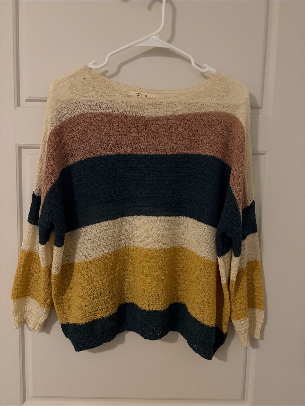 Striped Crewneck Knit Sweater in Cream, Mustard & Teal